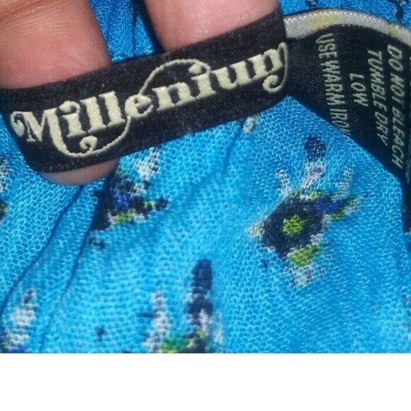 Womens L maxi skirt Cottagecore Peasant modest Boho printed teal blue side slits - Picture 5 of 11